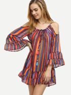 Shein Multicolor Striped Cold Shoulder Tiered Dress