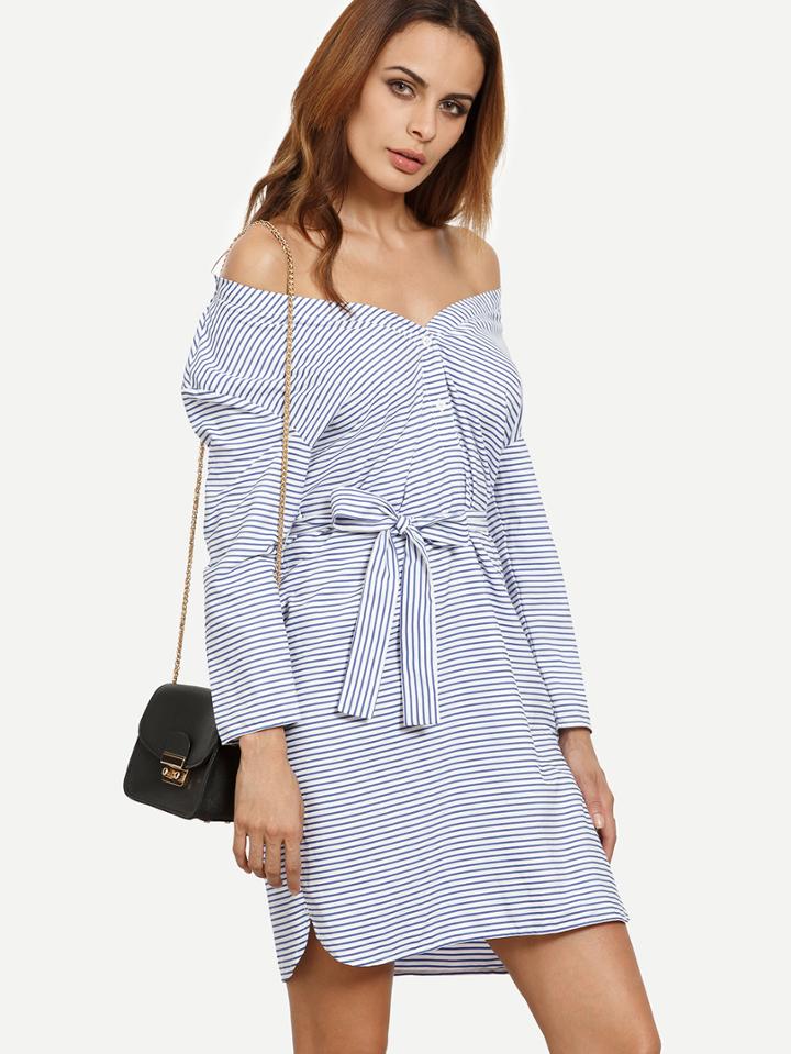 Shein Blue Striped Long Sleeve Tie Dress