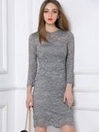 Shein Grey Round Neck Length Sleeve Bow Lace Dress