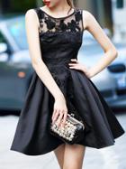 Shein Black Round Neck Sleeveless Contrast Gauze Embroidered Dress
