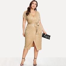 Shein Plus Gold Print Wrap Split Front Belted Dress