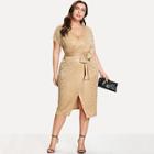 Shein Plus Gold Print Wrap Split Front Belted Dress