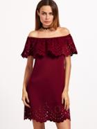 Shein Burgundy Laser Cutout Off The Shoulder Ruffle Dress