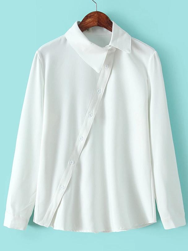 Shein White Lapel Oblique Buttons Casual Blouse