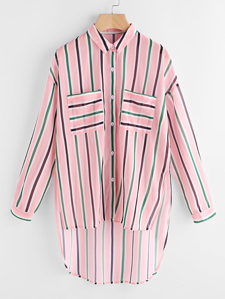 Shein Patch Pocket Front Stepped Hem Striped Shirt