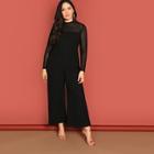 Shein Plus Mock-neck Mesh Yoke Wide Leg Jumpsuit