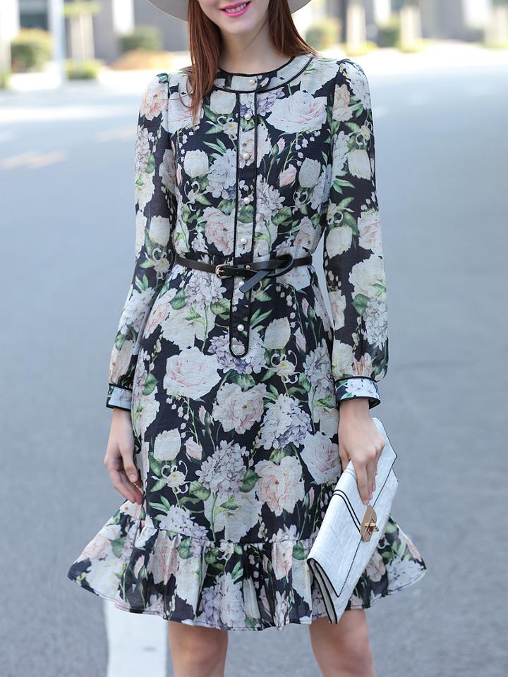 Shein Black Flowers Print Belted Shift Dress