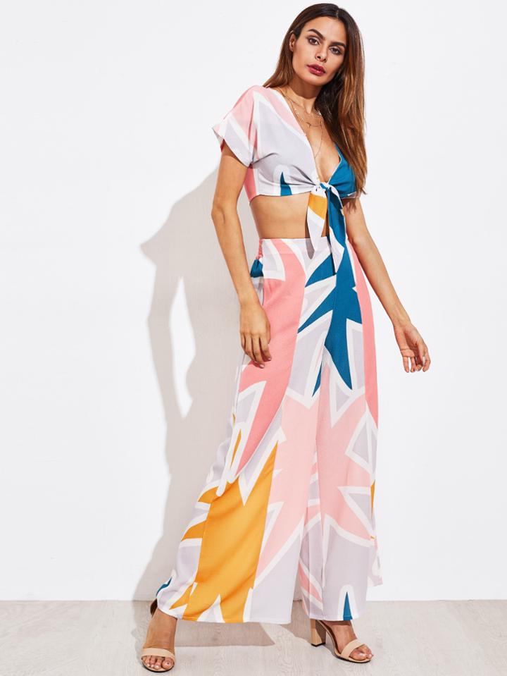 Shein Random Print Knotted Top With Wide Leg Pants