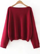 Shein Red Boat Neck Ribbed Trim Sweater