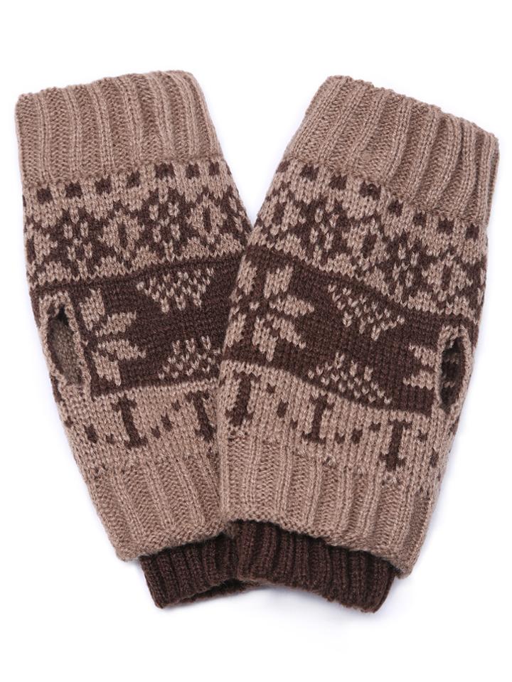 Shein Khaki Snowflake Print Ribbed Handwarmers