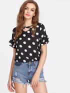 Shein Crisscross V Neck Layered Ruffle Sleeve Polka Dot Top