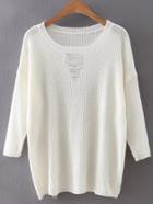 Shein White Round Neck Ripped Front Knitwear