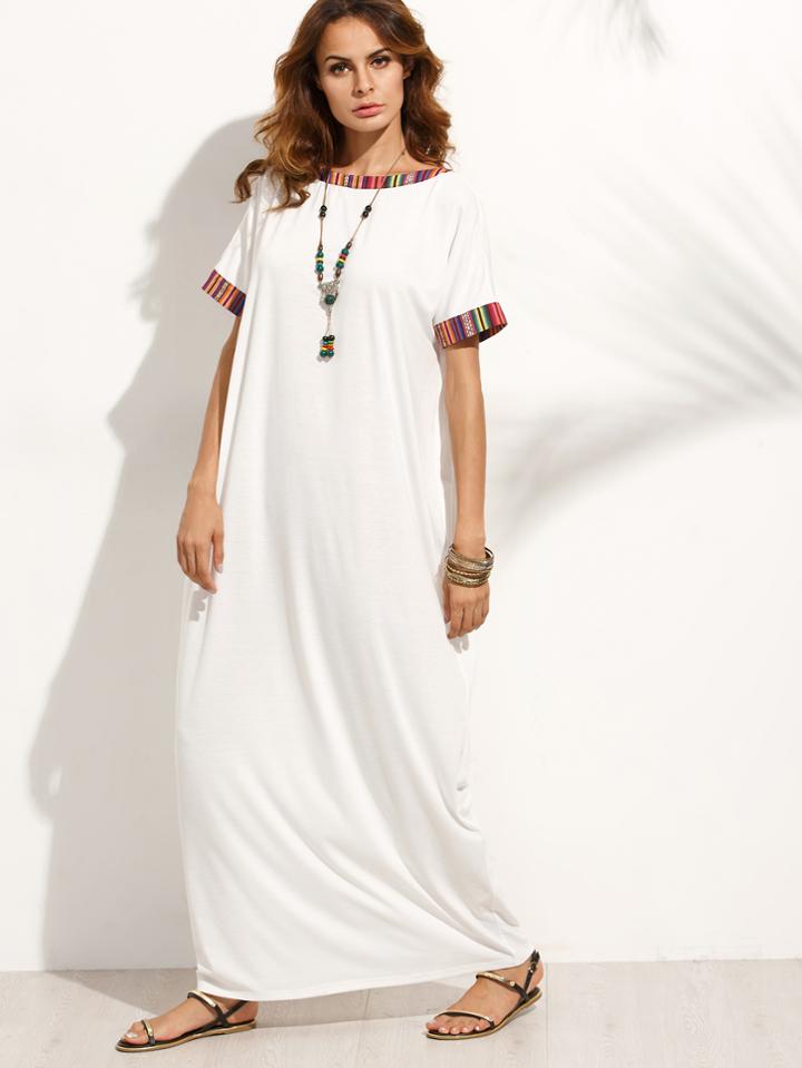 Shein Beige Colorful Stripe Trim Short Sleeve Maxi Dress