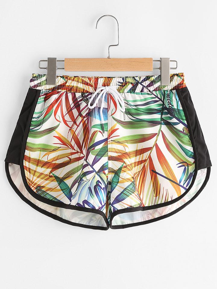 Shein Leaf Print Dolphin Hem Drawstring Sports Shorts