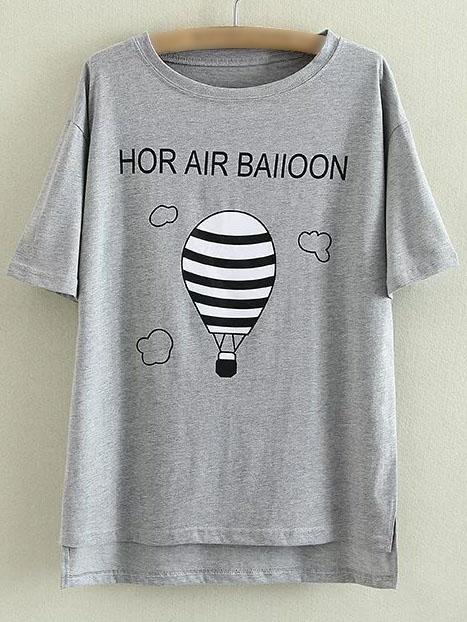 Shein Grey Dip Hem Letters Hot Air Balloon Printing T-shirt