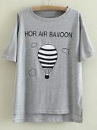 Shein Grey Dip Hem Letters Hot Air Balloon Printing T-shirt