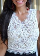 Rosewe White Lace V Neck Crop Tank Top