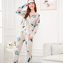 Shein Floral Print Lace Trim Pajama Set With Eye Mask