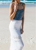 Rosewe Side Slit Hollow Out White Lace Design Maxi Skirt