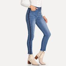 Shein Beading Side Frayed Hem Jeans