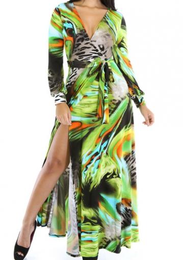 Rosewe V Neck Side Slit Wrap Dress