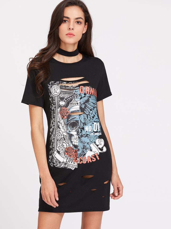 Shein Skull Print Ripped Detail Tee Dress