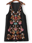 Shein Black Embroidery V Neck Sleeveless Dress