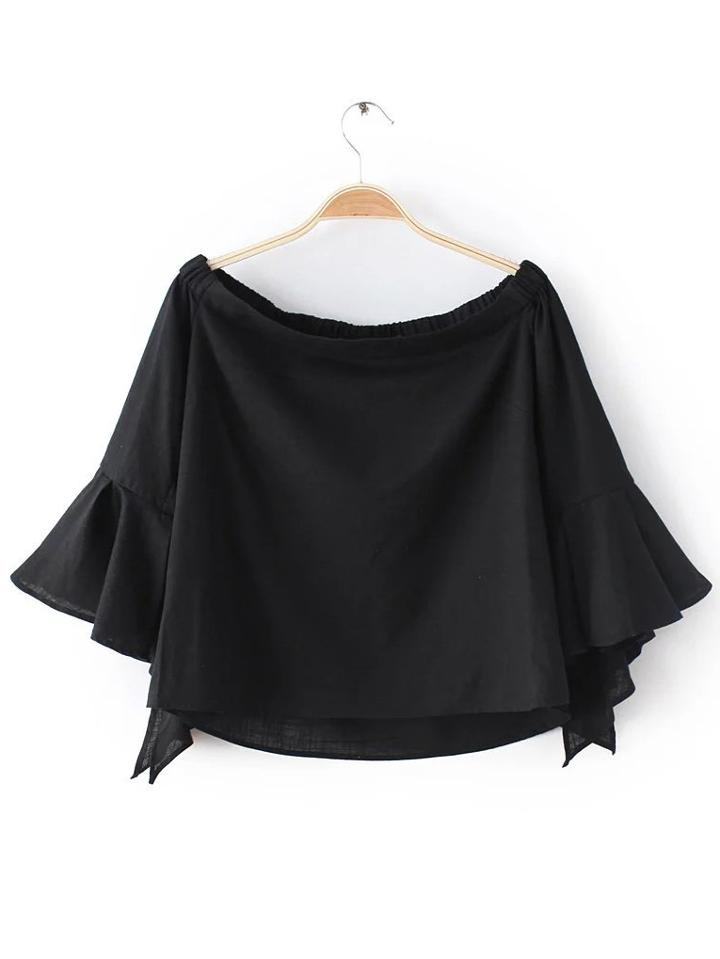 Shein Black Boat Neck Ruffle Cuff Dipped Hem Blouse
