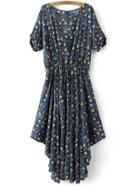 Shein Blue Tie-waist Bow Asymmetrical Hem Floral Printed Dress