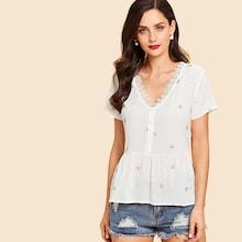Shein Lace Trim Button Half Placket Top