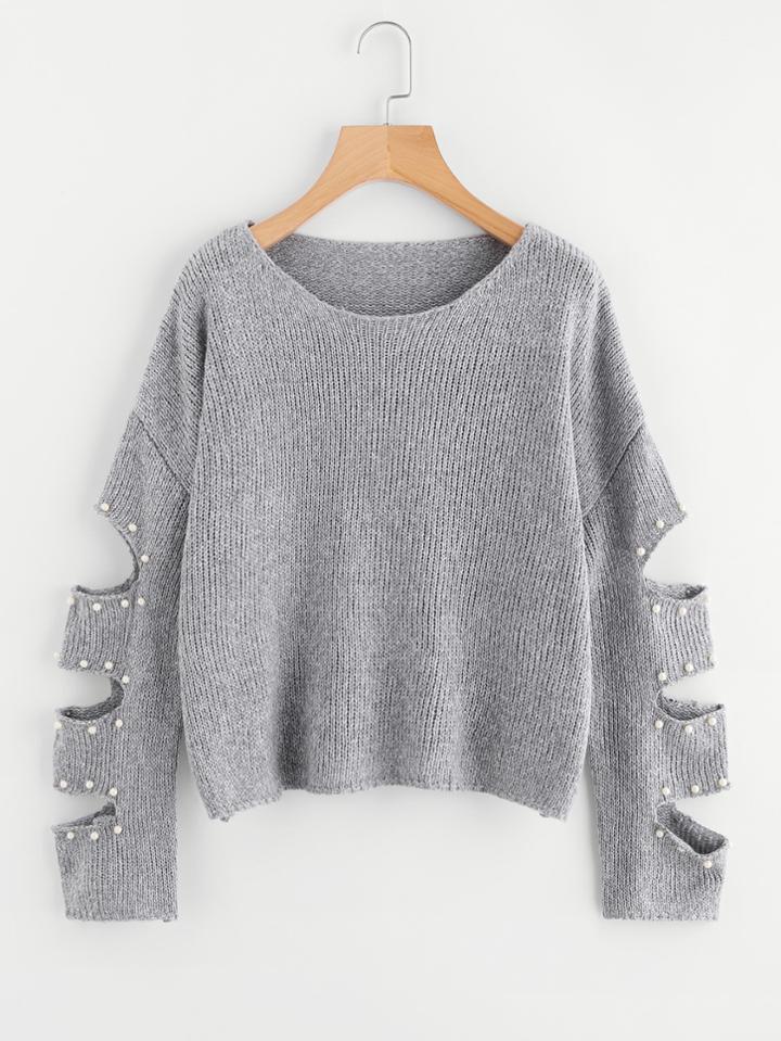 Shein Pearl Beading Laddering Cut Sleeve Jumper