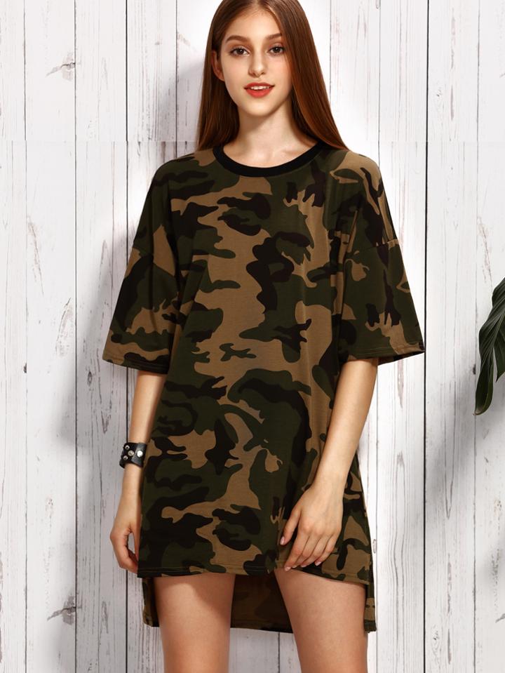 Shein Olive Green Camo Print Drop Shoulder High Low Dress
