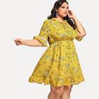 Shein Plus Tie Neck Lace Insert Ruffle Botanical Dress