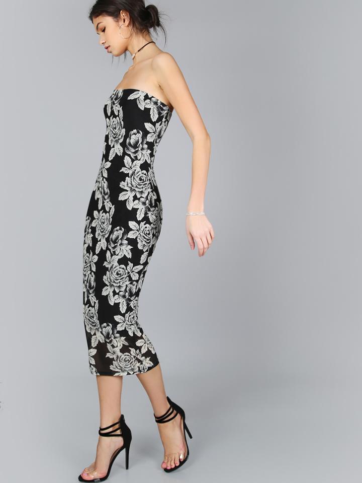 Shein Black Flower Print Bandeau Midi Dress