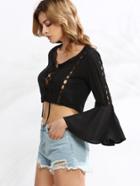 Shein Black Eyelet Crochet Insert Lace Up Bell Sleeve Top