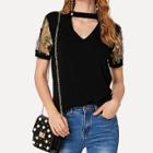 Shein Choker Neck Embroidered Mesh Sleeve T-shirt