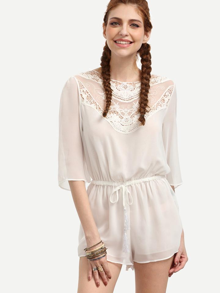 Shein White Crochet Insert V Back Drawstring Romper
