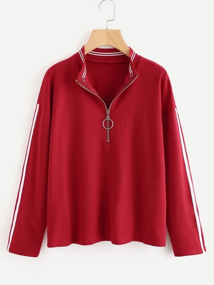 Shein Striped Trim Tape Detail Zip Neck Pullover