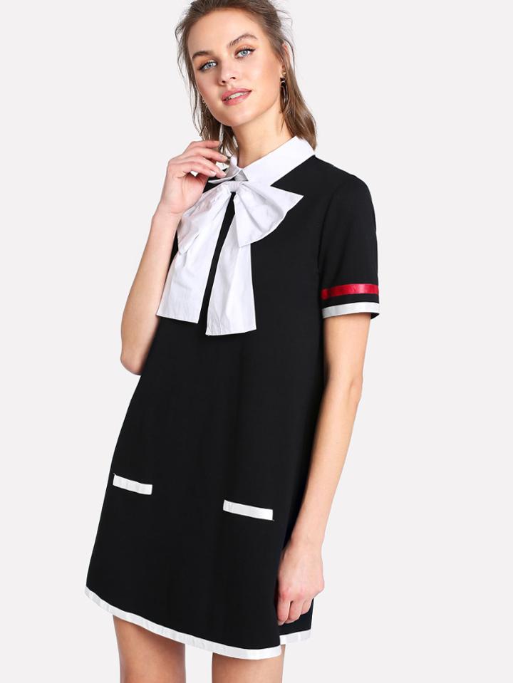 Shein Exaggerate Bow Tie Neck Contrast Tape Dress