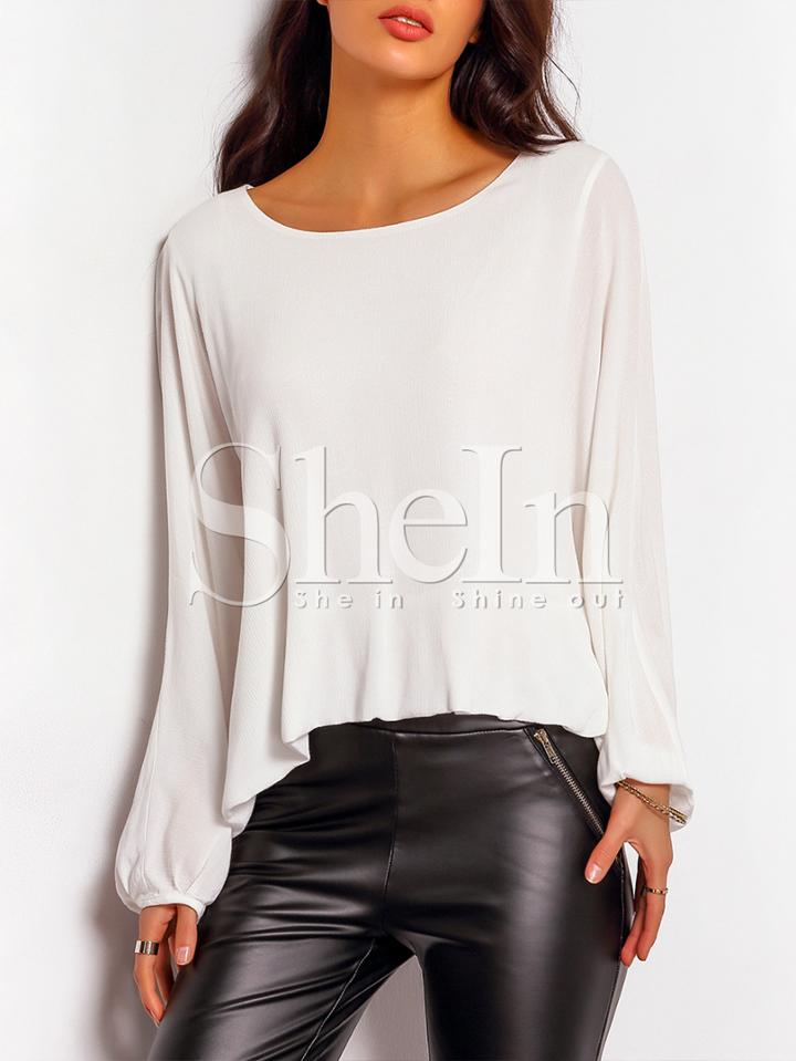 Shein White Long Sleeve Curved Hemline Blouse
