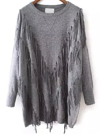 Shein Grey Round Neck Tassel Loose Knitwear