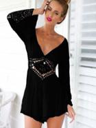 Shein Black Sexy V -neck Halter Piece White Lace Jumpsuit