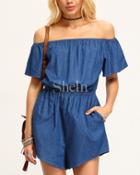 Shein Blue Off The Shoulder Pockets Jumpsuit