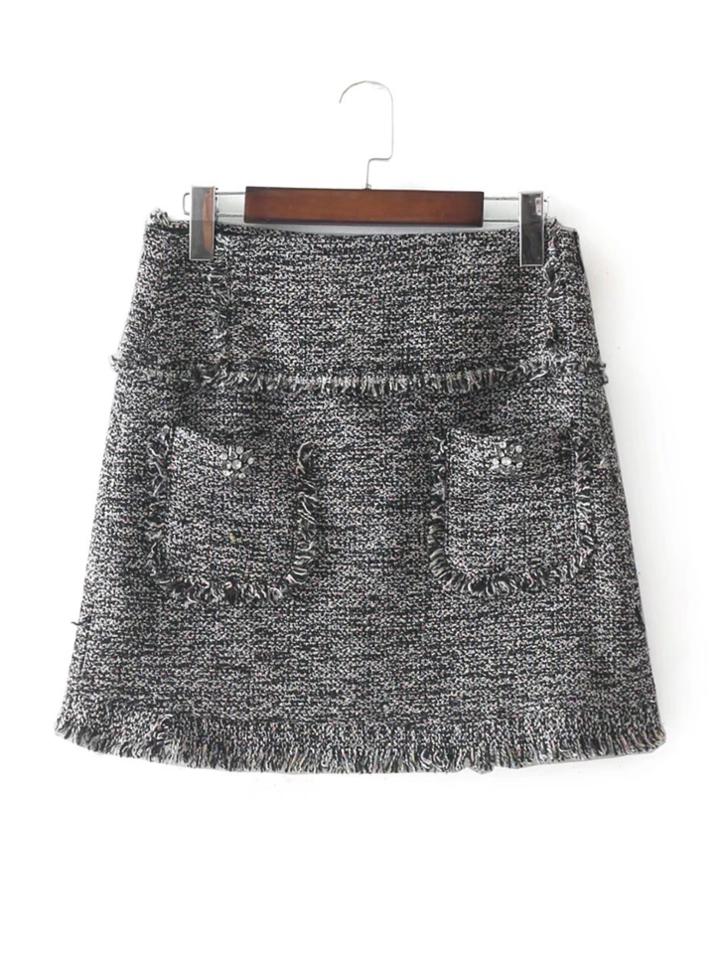 Shein Rhinestone Detail Frayed Edge Tweed Skirt