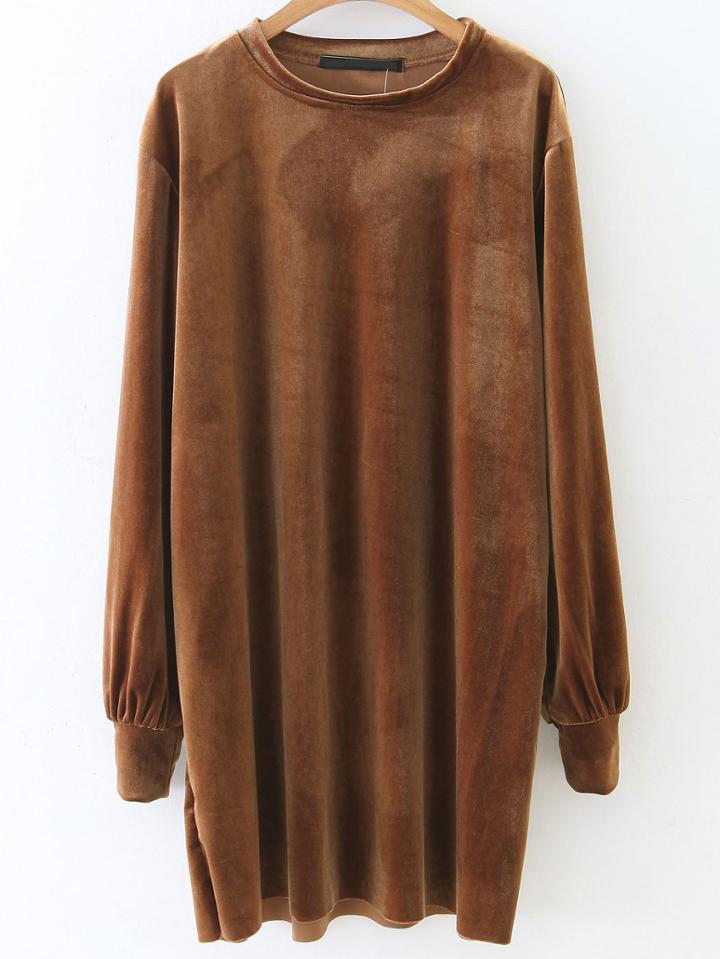 Shein Camel Long Sleeve Shift Velvet Dress