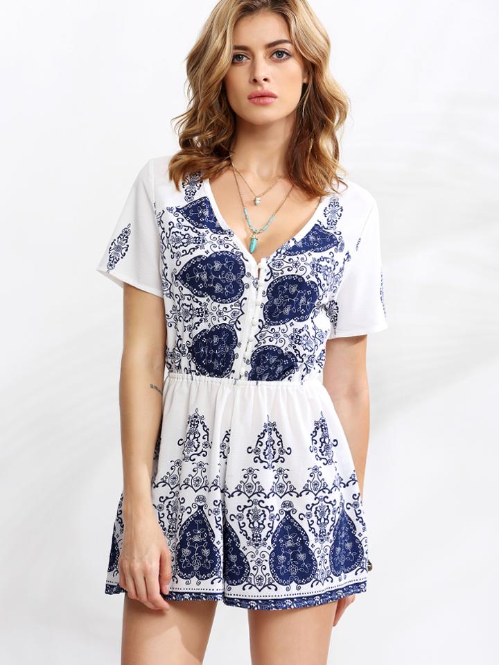 Shein White Ornate Print Button Front Romper