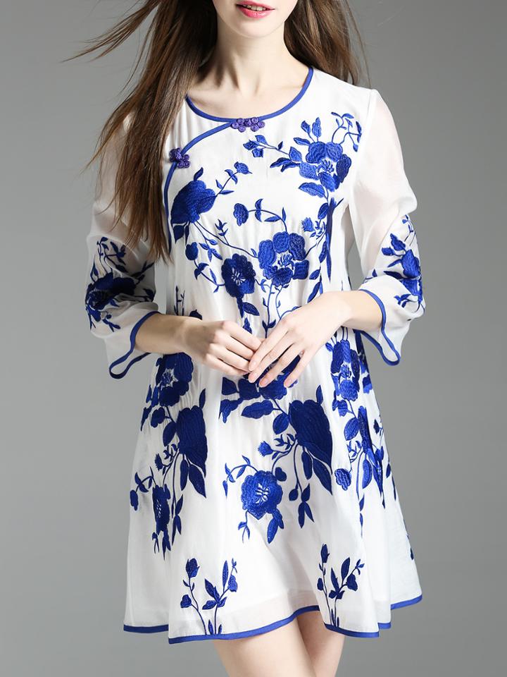 Shein Blue White Crew Neck Embroidered Shift Dress