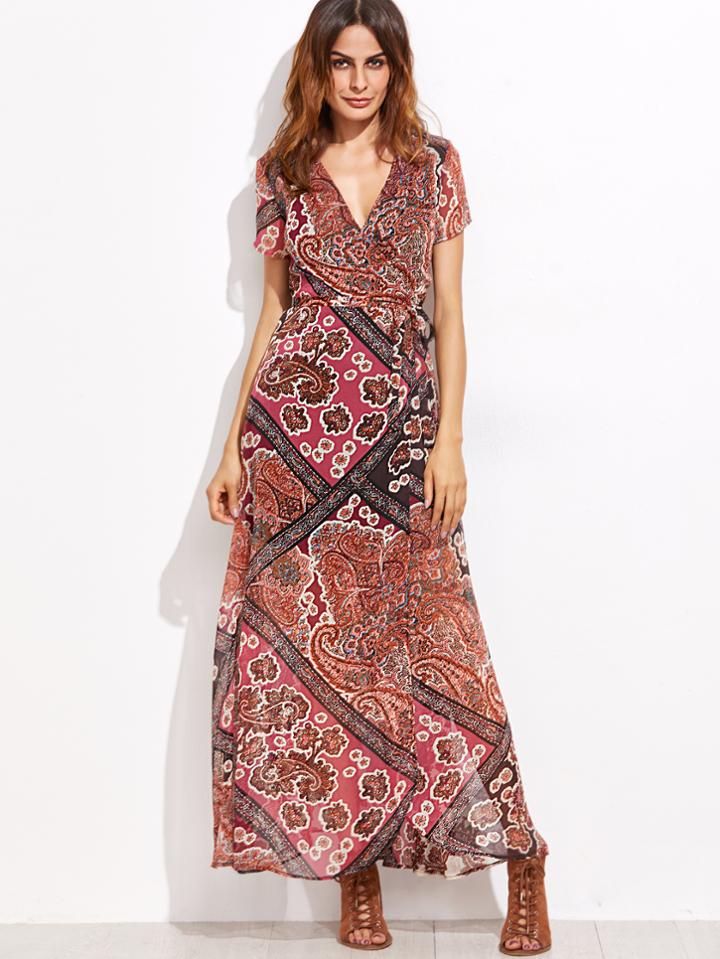 Shein Tribal Print Self Tie Warp Dress