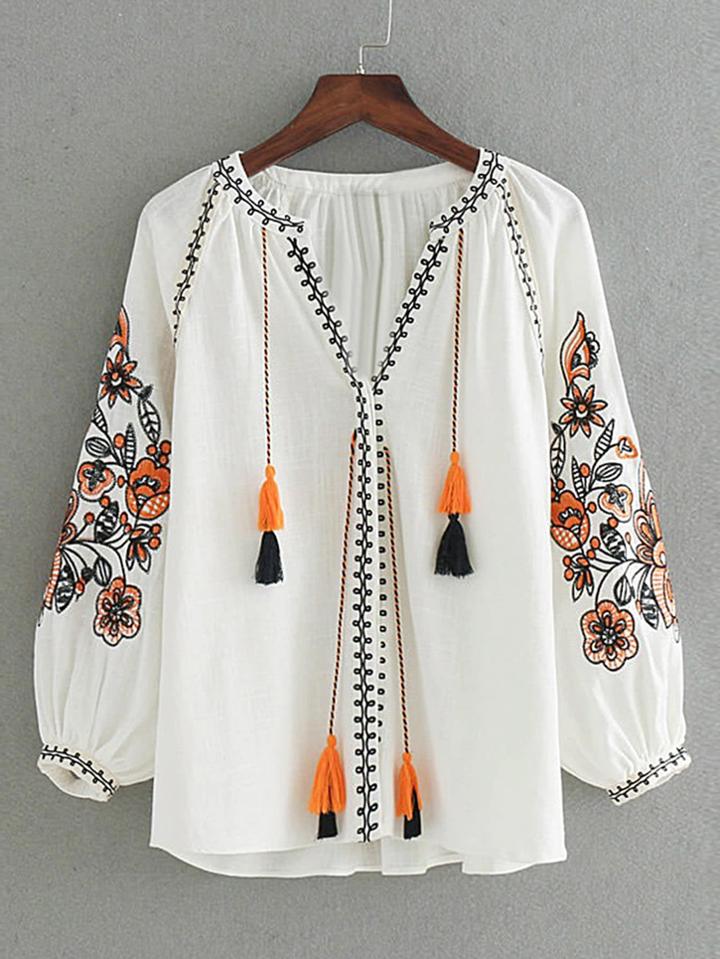 Shein Flower Embroidery Tassel Tie Blouse