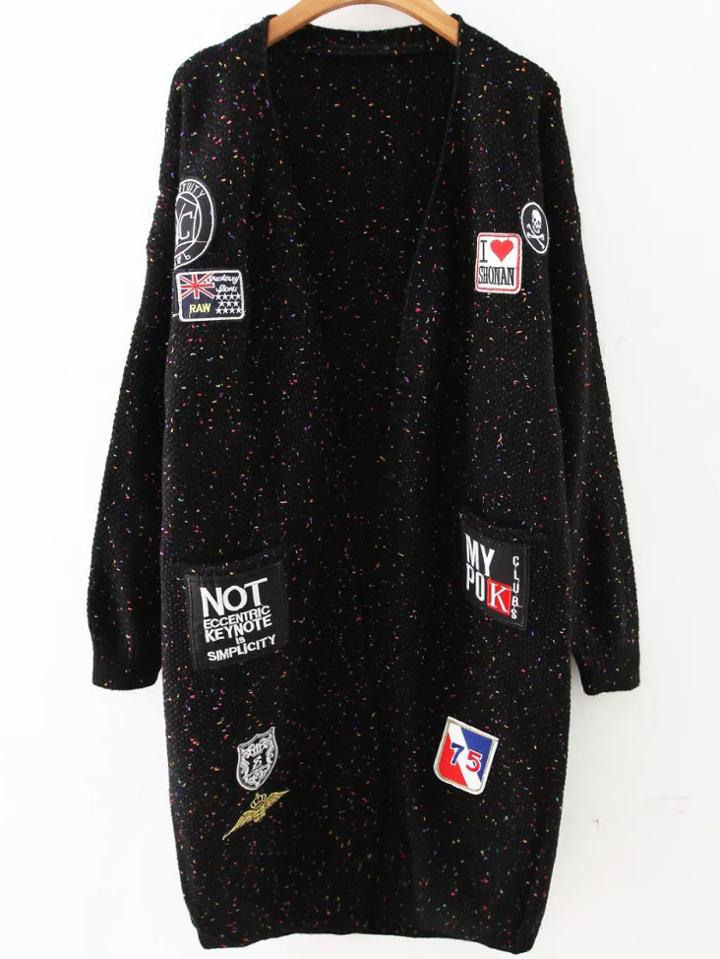 Shein Black Patch Embellished Drop Shoulder Sweater Coat